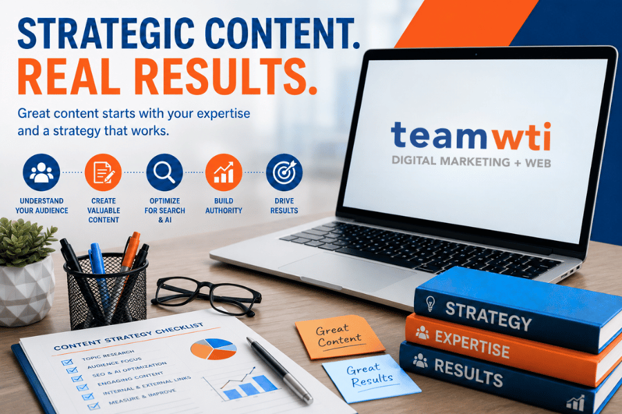 infographic of a computer on a desk with the Team WTI logo, and information about creating content with real results for your website.
