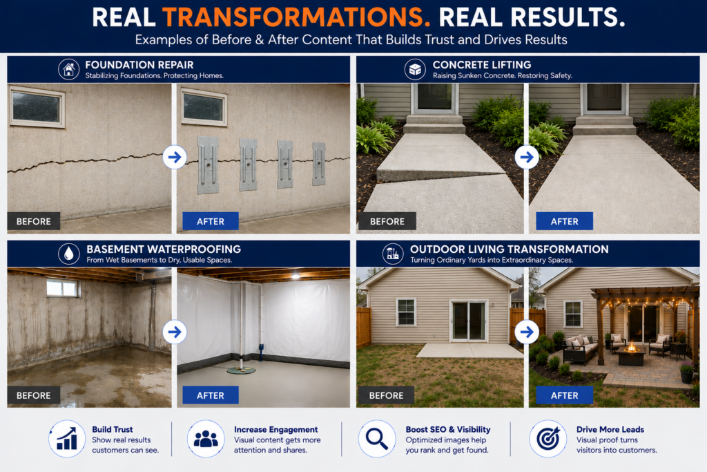 Examples of projects showing before and after images. These can help transform site visitors to customers.