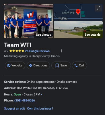 Screenshot of Team WTI's Google Business Profile