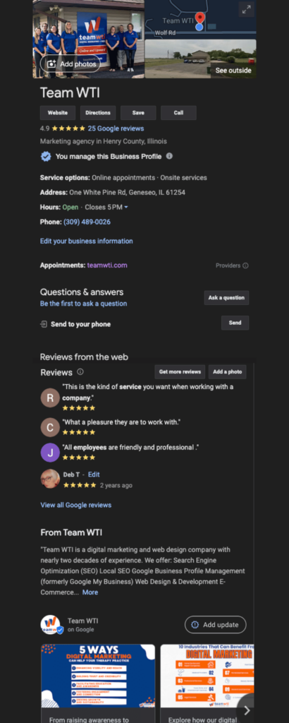 Image showing the Team WTI Google Business Profile.