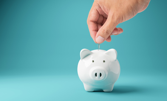 White piggy bank with a hand placing a coin to represent our credit union case study.