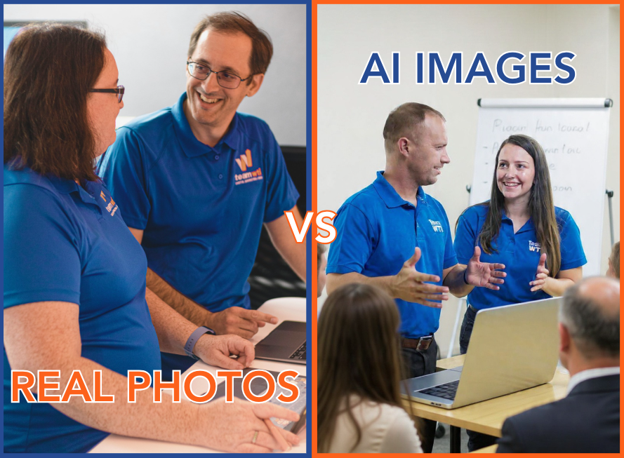 a side-by-side comparison of a real photo of two Team WTI colleagues smiling and talking next to an AI image of two colleagues smiling unnaturally and making awkward hand gestures