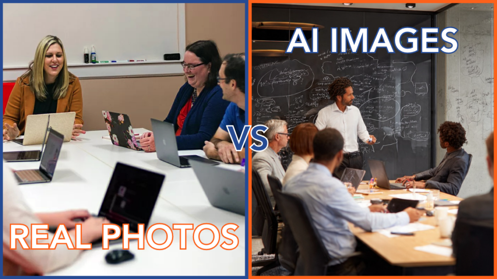 a side-by-side comparison of a real photo of a business meeting in a conference room with people laughing next to an AI-generated image of a business meeting with serious people around a conference table with gibberish writing all over a chalkboard and a glass wall