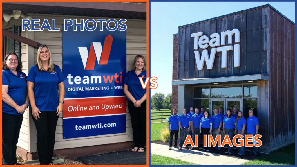 a side-by-side comparison of a real photo of employees standing outside the Team WTI office compared to an AI image of employees in front of an absurdly tall and narrow office building that says "Team WTI" in the middle of a green field