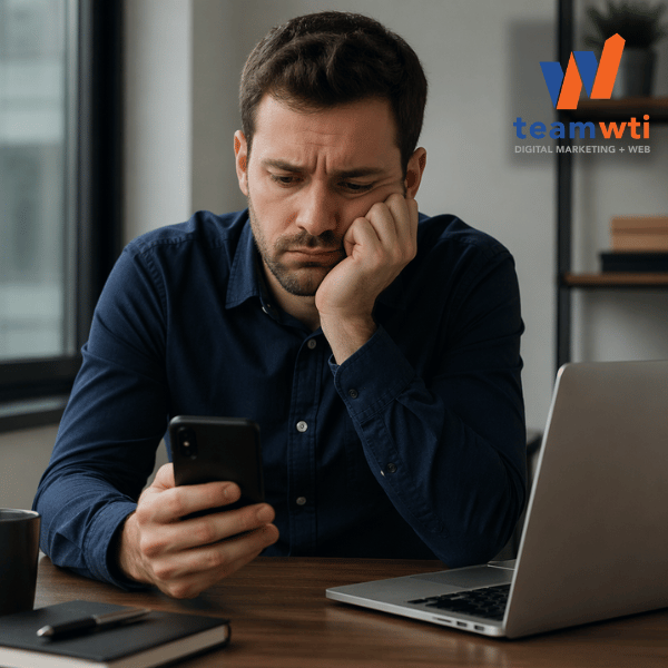 Image of a man sadly looking at his phone because he has website traffic but no leads. 